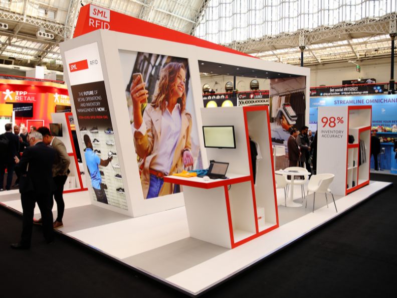 Red and white angular exhibition stand