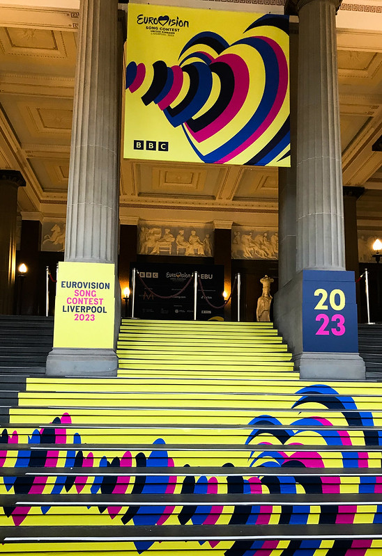 yellow floor graphics on steps for Eurovision