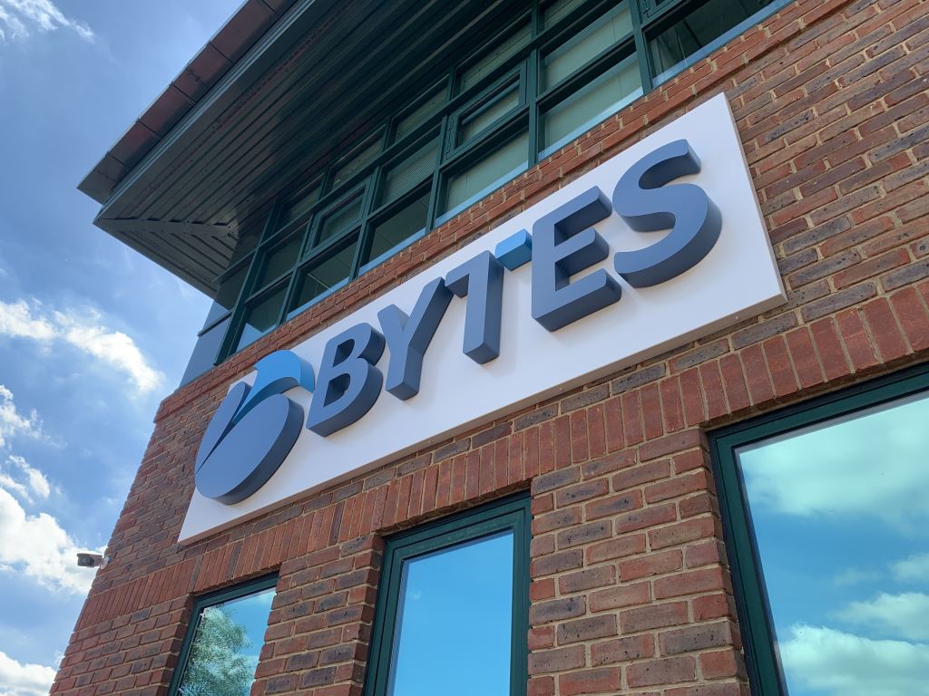 Bytes signage on an office building