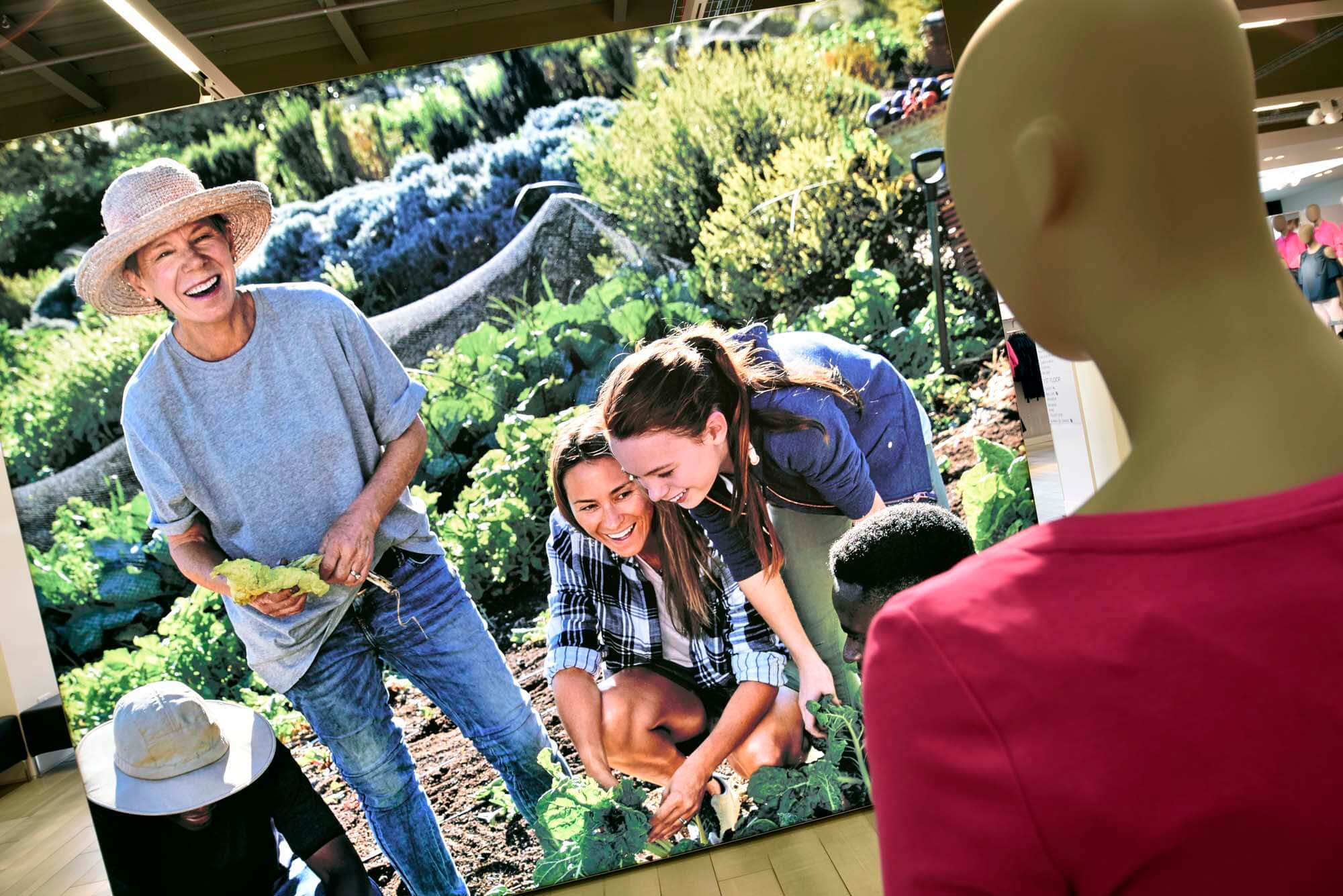 Fabric tensioned fabric retail graphics featuring gardeners