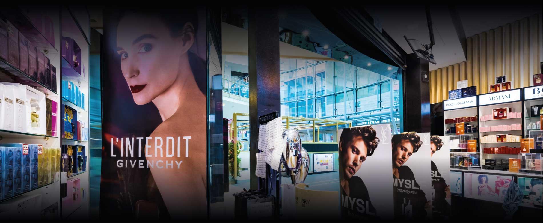 Retail graphics inside the perfume shop