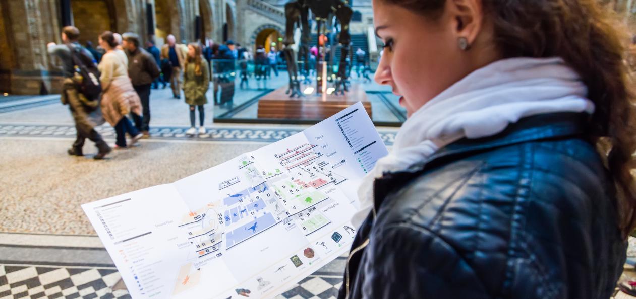 girl reading printed map in museum