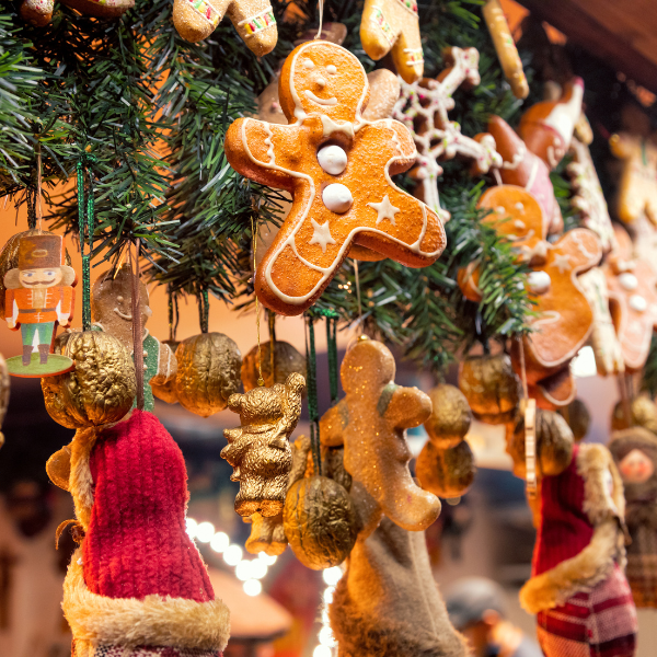 Festive window display with gingerbread man