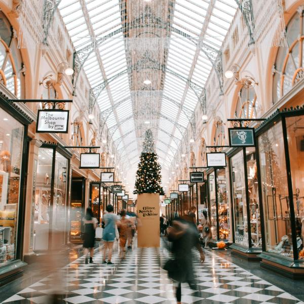 Shopping centre decorated for Christmas.