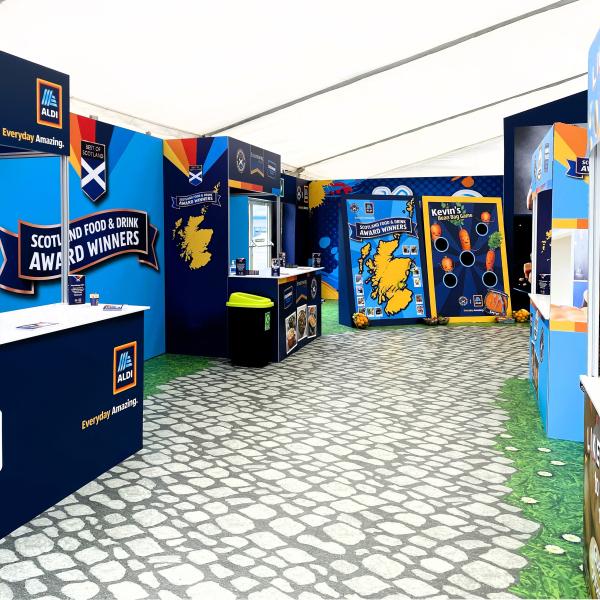 Interior of Aldi’s Best of Scotland marquee at the Royal Highland Show, designed and built by Service Graphics to showcase Scottish food and drink award winners.
