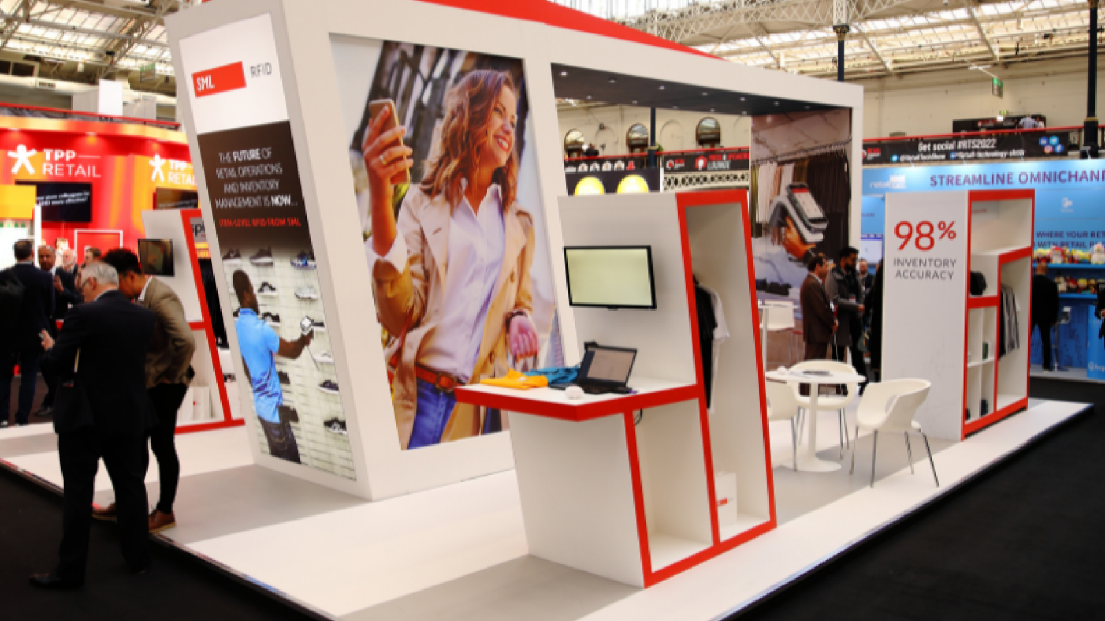 Red and white angular exhibition stand